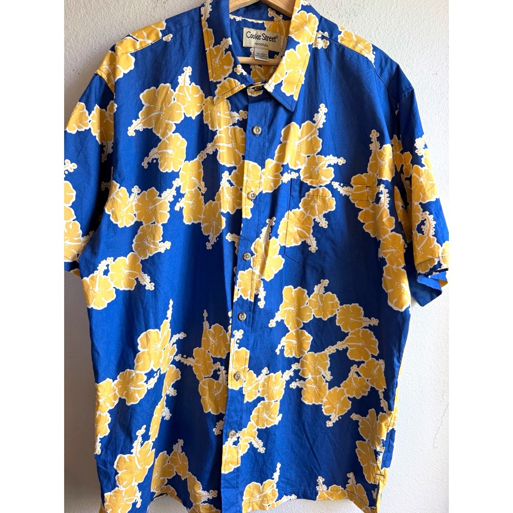 Cooke Street Mens XL Blue Yellow Floral Hawaiian Cotton Button Up Shirt SS
